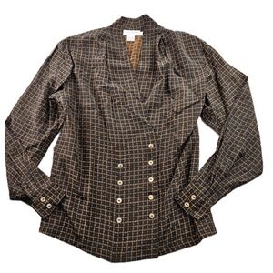 Ann Taylor Studio Blouse Womens Size 2 Brown Plaid‎ Silk Career Double Breasted